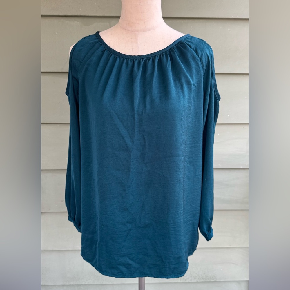 CAbi Greenish Teal Cold Shoulder Blouse with Gathered Neckline